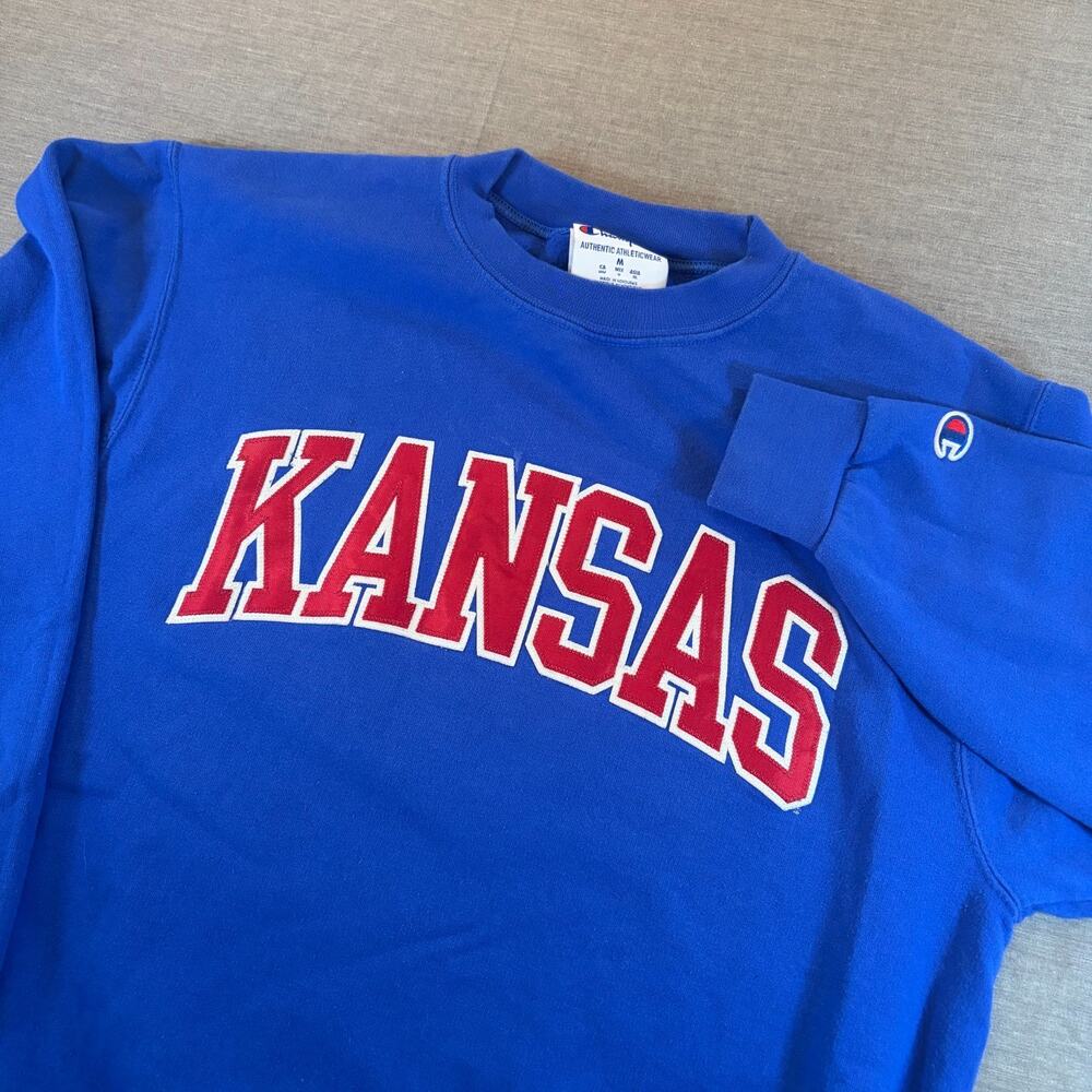 Kansas Jayhawks Y2K Champion Blue Sweatshirt Sz M Red Logo Crewneck NCAA
